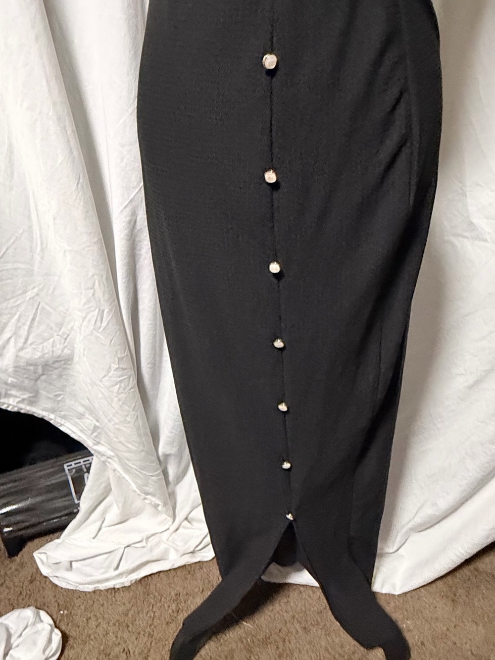 Black Pearl Button Front Slit Elastic Waist Midi Skirt M